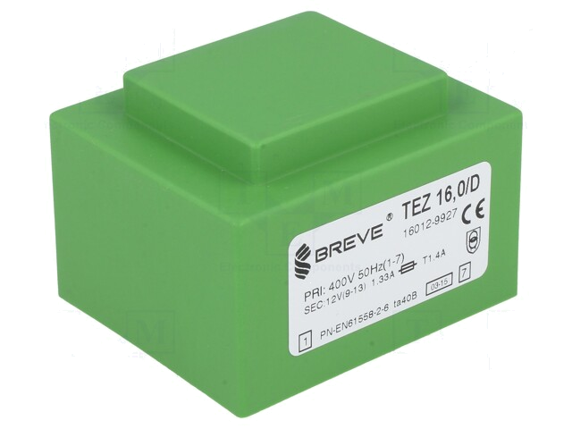 Transformator: ingegoten; 16VA; 400VAC; 12V; 1333,3mA; PCB; IP00 Transformator: ingegoten; 16VA; 400VAC; 12V; 1333,3mA; PCB; IP00